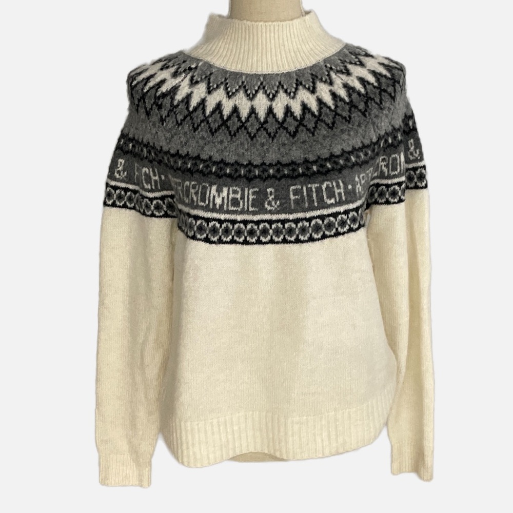Abercrombie & Fitch Sweater Women's Medium Cream Gray Fair Isle Mock Neck Logo‎
